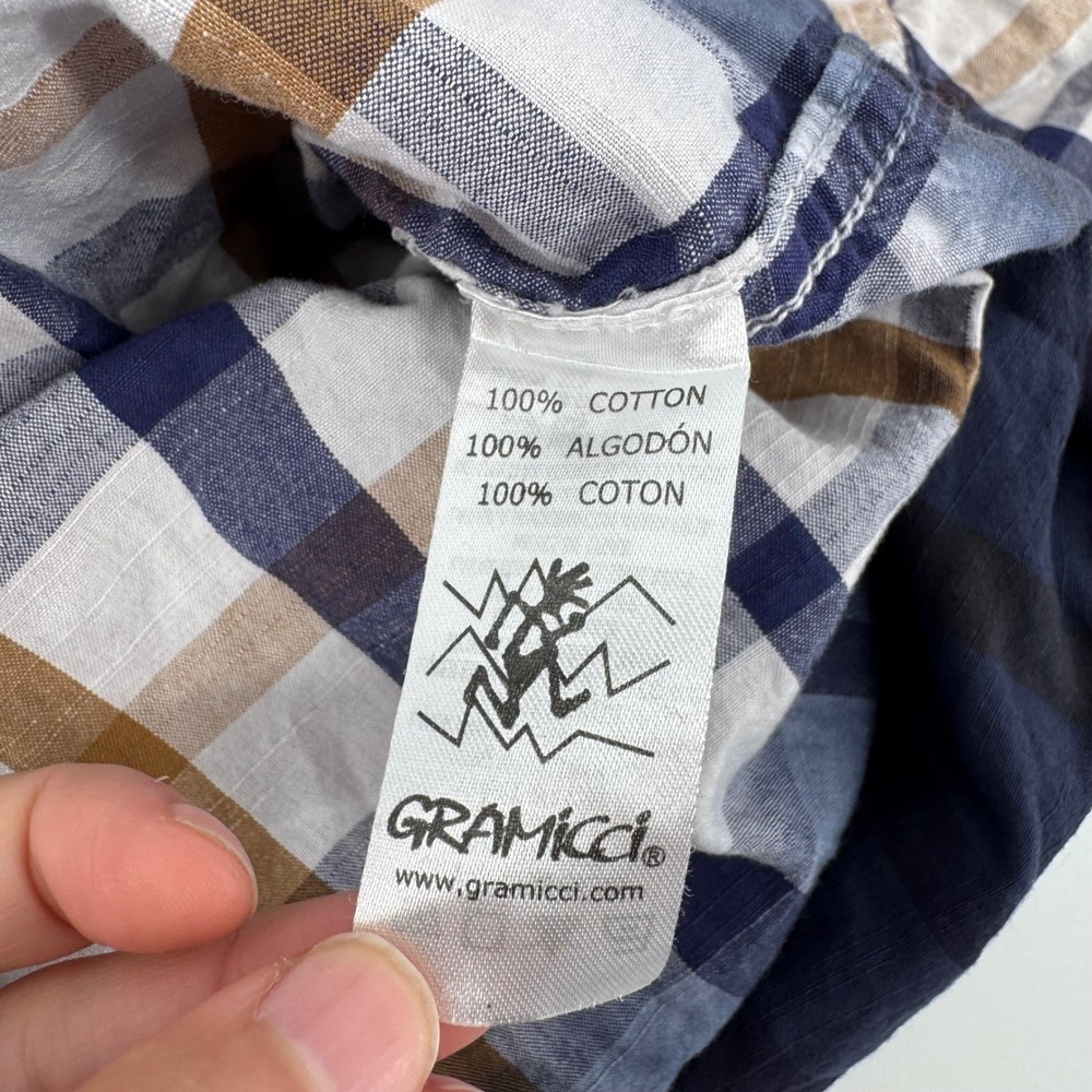 Gramicci Button Down Shirt Mens LG Blue Tan Plaid Ombre Short Sleeve Cotton - Picture 5 of 7